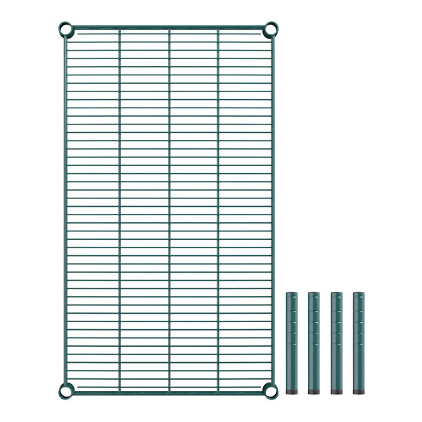 A close-up of a green metal wire shelf grid with four long metal poles.