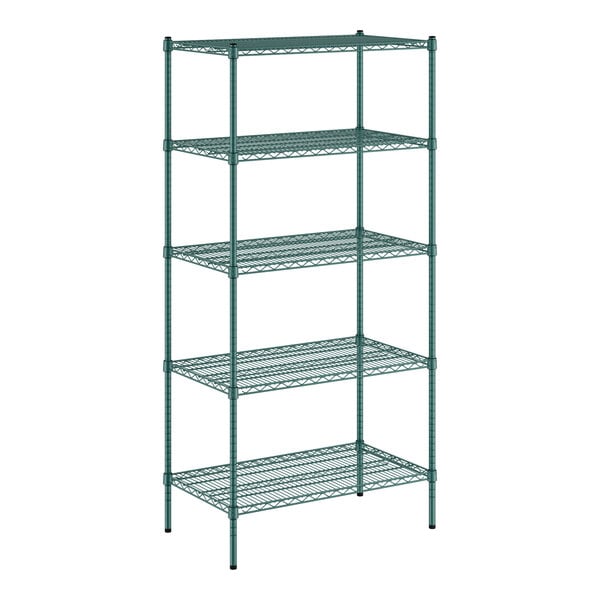 A green metal wire shelving unit with five shelves.