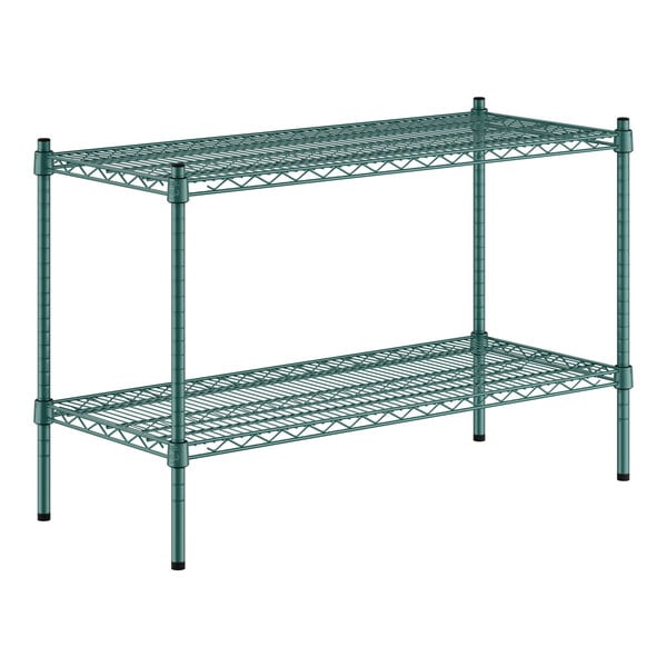 A green metal shelf with two shelves.