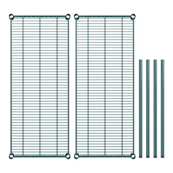 Two green metal wire shelves with metal bars.