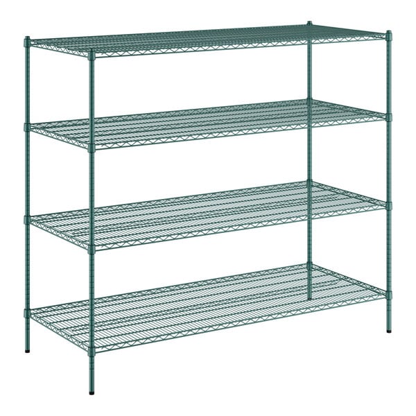 A green wire shelving unit with four shelves by Regency.