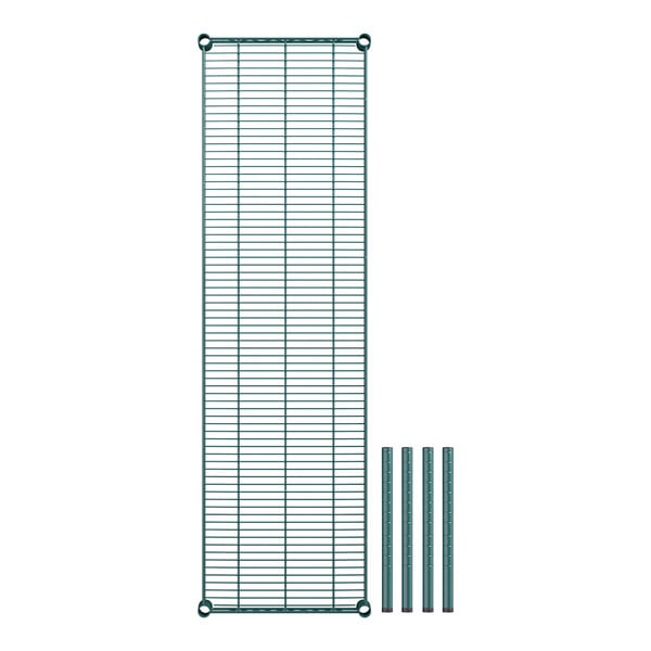 A green metal wire shelving kit with metal grid shelves and poles.