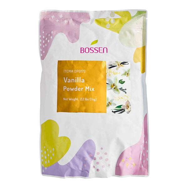 A white Bossen bag of vanilla powder mix with a yellow label.