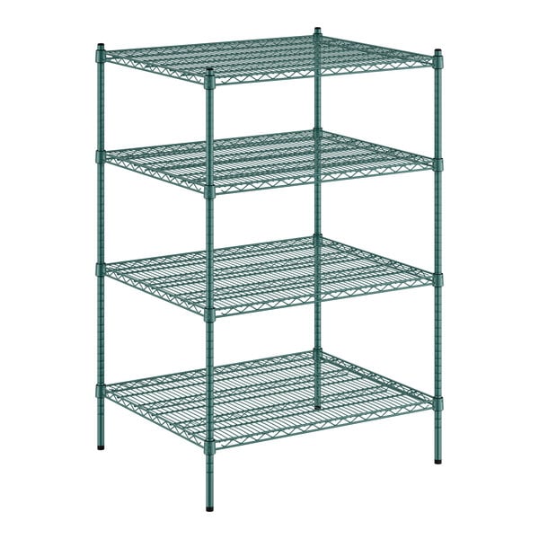 A Regency green wire shelving unit with four shelves.