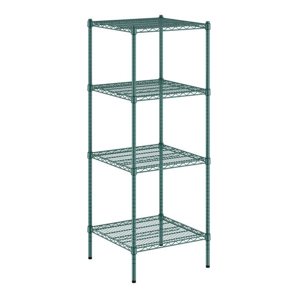 A green wire shelving unit with four shelves.