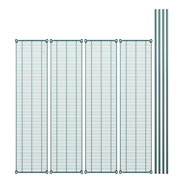 A group of wire mesh shelves with green metal rods.