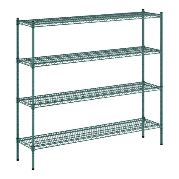 A green Regency wire shelving unit with four shelves.