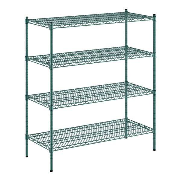 A green metal wire shelving unit with four shelves.