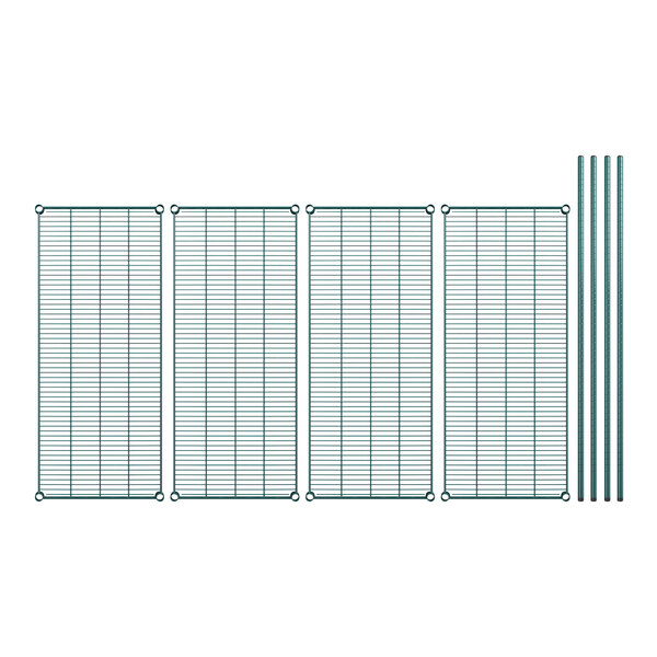 A row of green wire mesh shelves with posts.