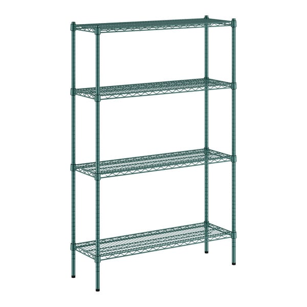 A green metal wire shelving unit with four shelves.