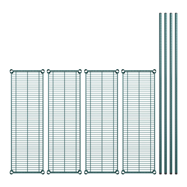 A group of metal shelves with green metal poles.