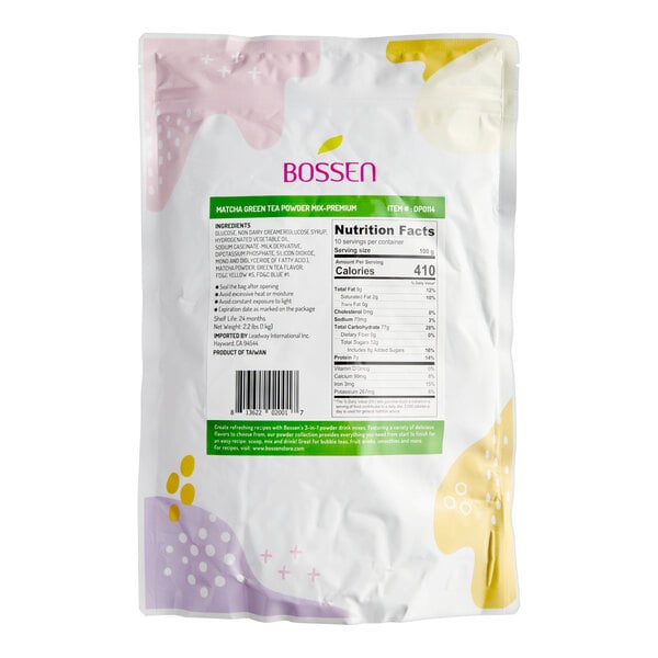 A white bag of Bossen Matcha Green Tea Powder Mix with a green and yellow label.