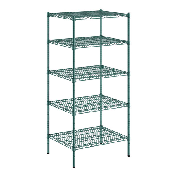 A green wire shelving unit with five shelves.