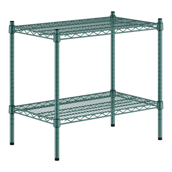 A green metal Regency wire shelving kit with two shelves.