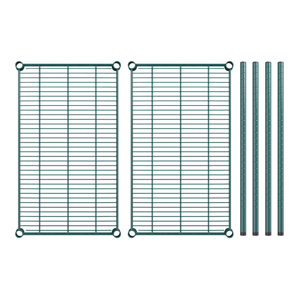 A close-up of a green wire rack with two shelves.