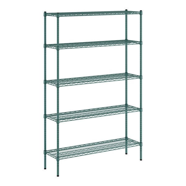 A Regency green wire shelving unit with five shelves.