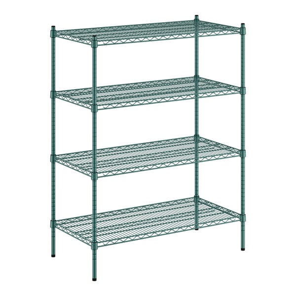 A green metal wire shelving unit with four shelves.