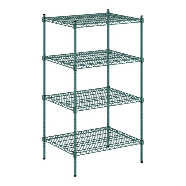 A Regency green wire shelving unit with four shelves.