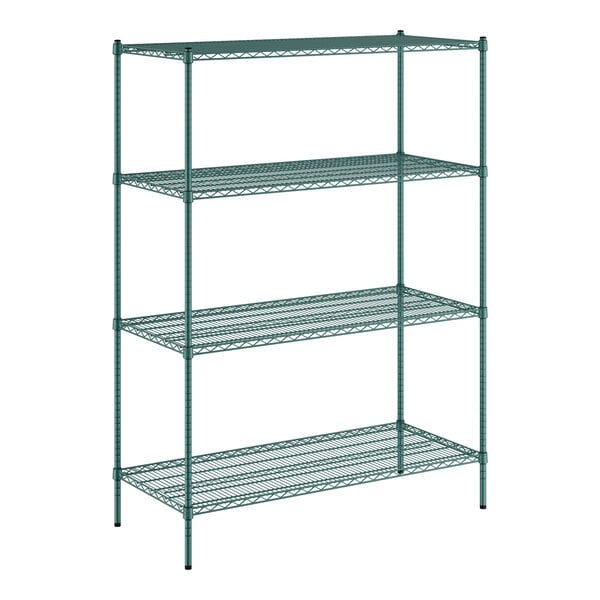 A green metal wire shelving unit with four shelves.