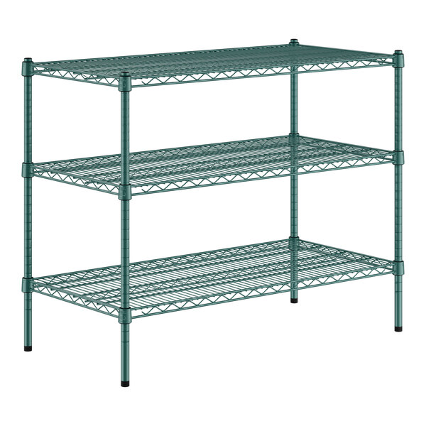 A green Regency wire shelving kit with three shelves.