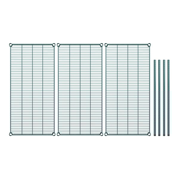 A row of wire mesh panels with metal rods.