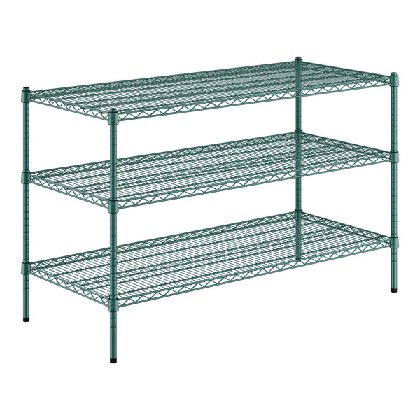 A green metal wire shelving unit with three shelves.