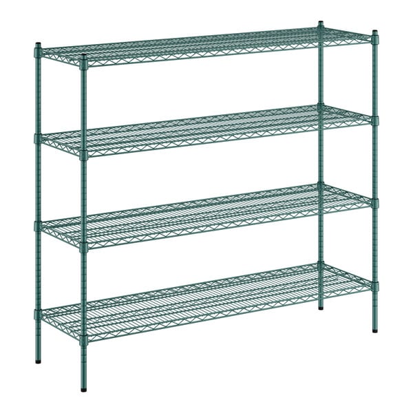 A green epoxy wire shelving unit with four shelves.