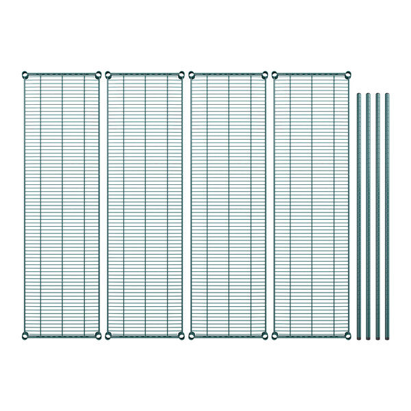 Regency green wire shelving kit with four shelves.
