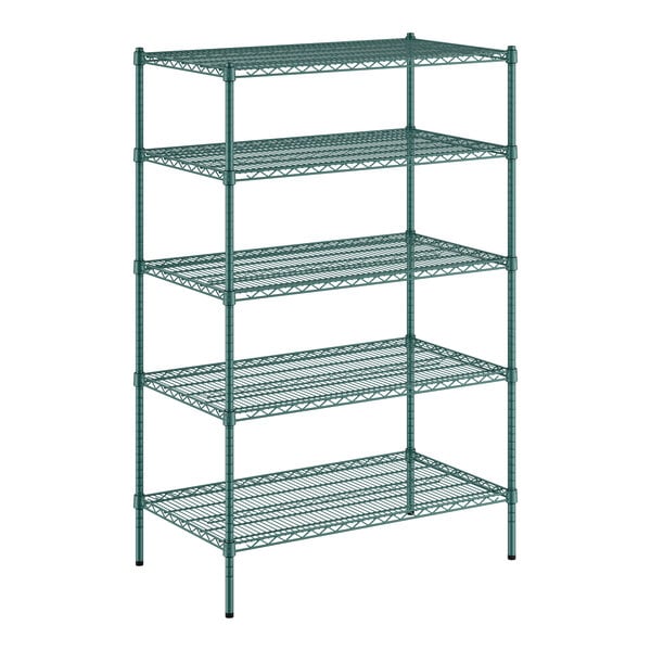 A green wire shelving unit with five shelves.