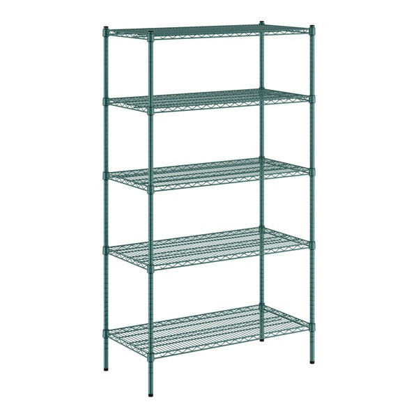 A green Regency wire shelving unit with four shelves.