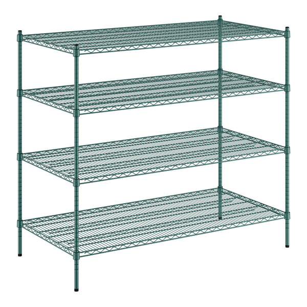 A Regency green wire shelving unit with four shelves.