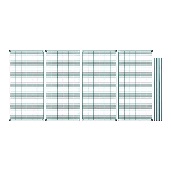 A green wire shelving kit with four shelves and poles.