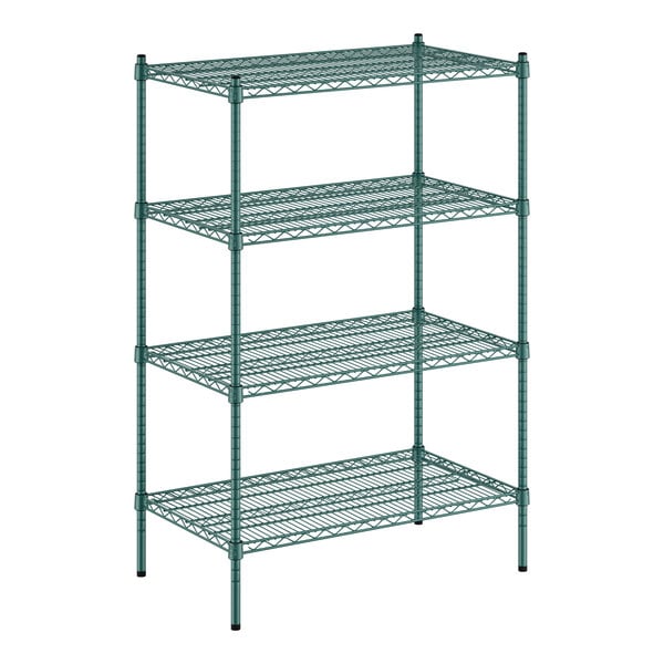 A green wire shelving unit with four shelves.