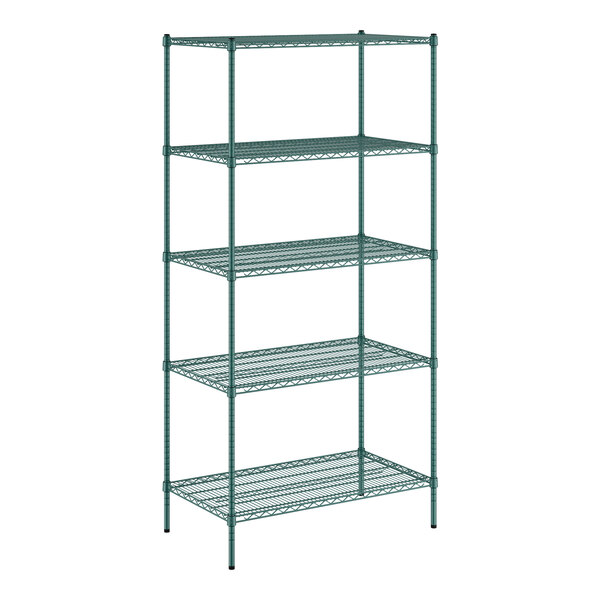 A green Regency wire shelving unit with five shelves.