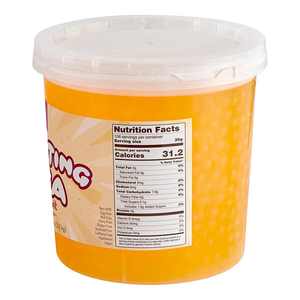 A container of Bossen Passion Fruit Bursting Boba with a label on it.