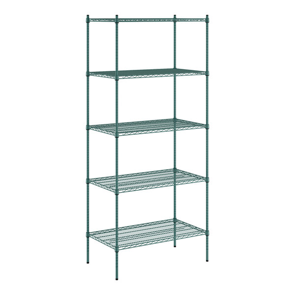 A green wire shelving unit with five shelves.