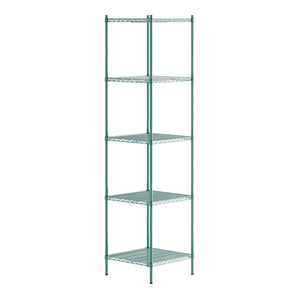 A green metal wire shelving unit with five shelves.