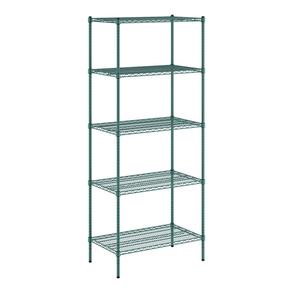 A Regency green wire shelving unit with five shelves.