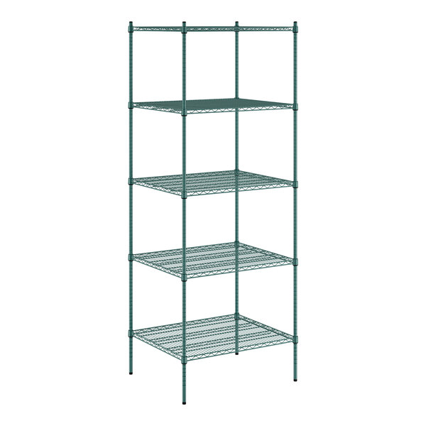 A green wire shelving unit with five shelves.