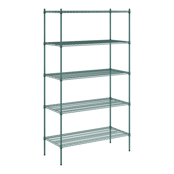 A green Regency wire shelving unit with five shelves.