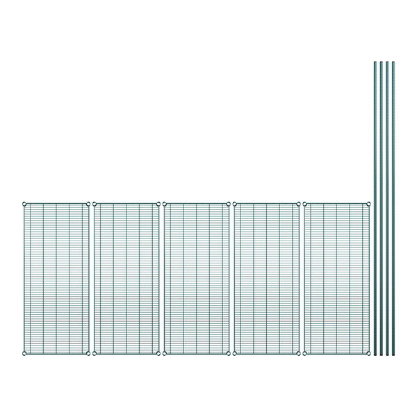 A row of green wire mesh shelves.