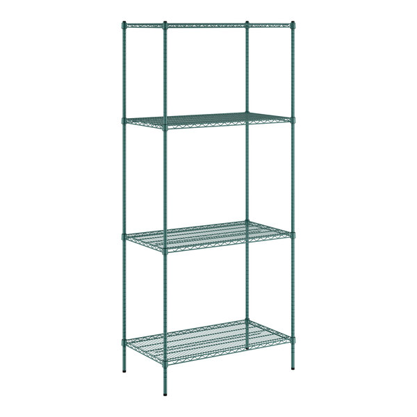 A green metal wire shelving unit with four shelves.