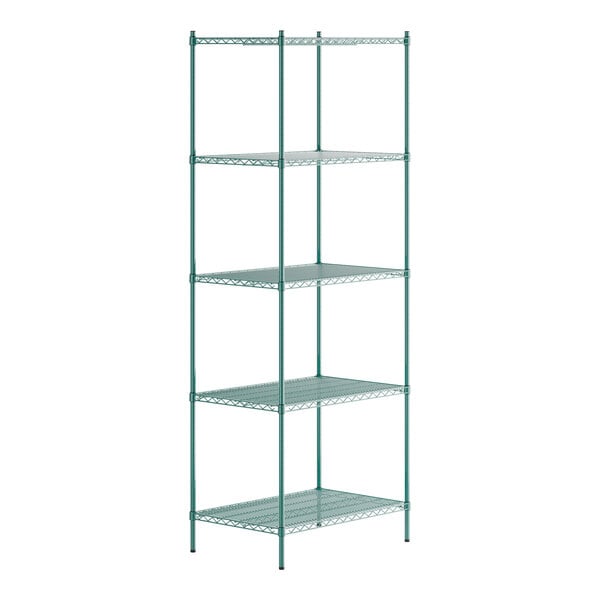 A Regency green metal wire shelving unit with five shelves.