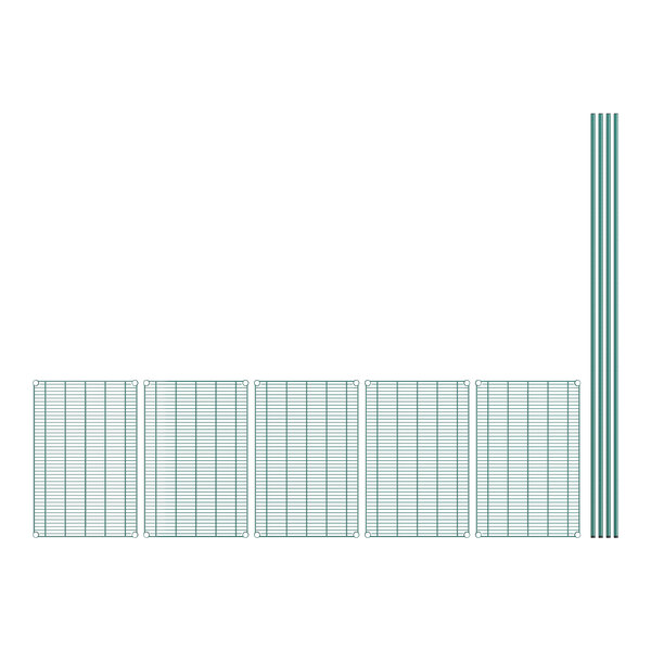 A row of green wire shelves with green grid shelves.
