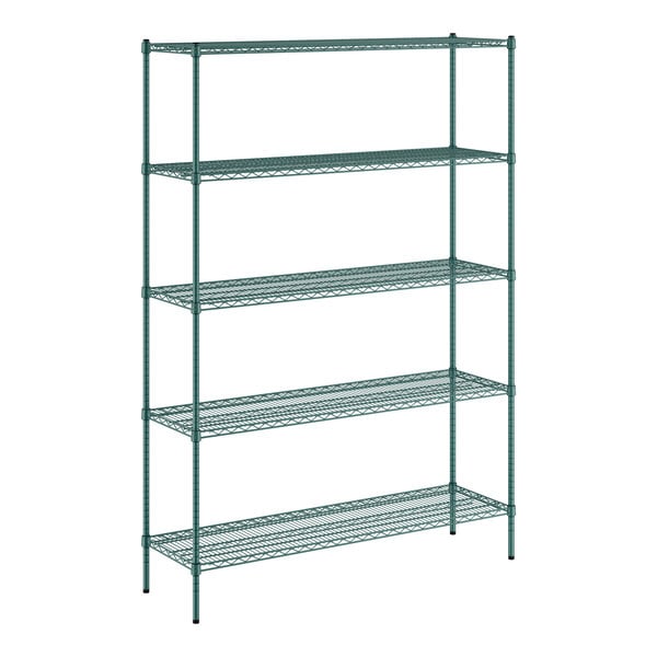 A green metal Regency wire shelving unit with five shelves.