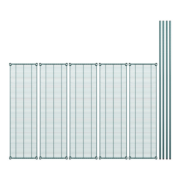 A wire shelving kit with green epoxy-coated metal grids.