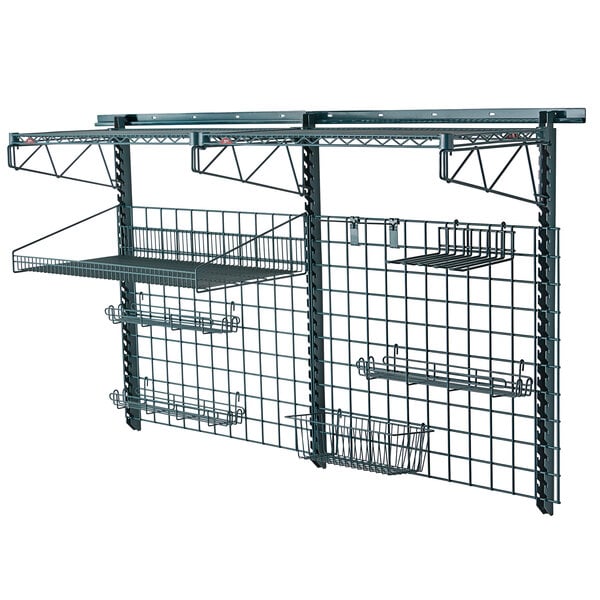 A Metro SmartWall G3 Metroseal worktable wall kit with wire shelves.