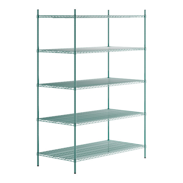 A green Regency metal wire shelving unit with four shelves.