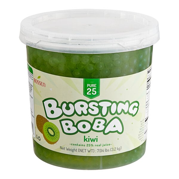 A plastic container of Bossen Pure25 Kiwi Bursting Boba with green kiwi-flavored boba inside.