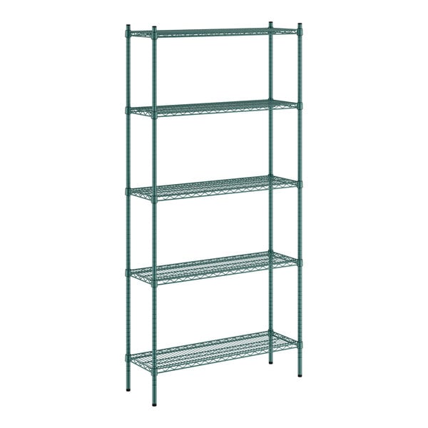 A green metal wire shelving unit with five shelves.